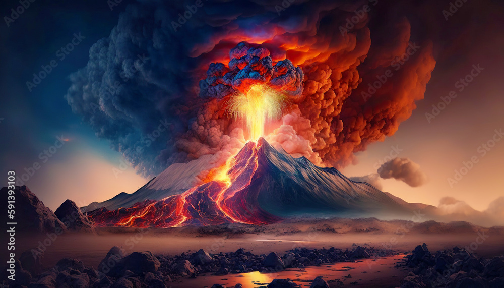 Volcano eruption. Lava flow down the slopes. Smoke rises in night sky. Generative AI