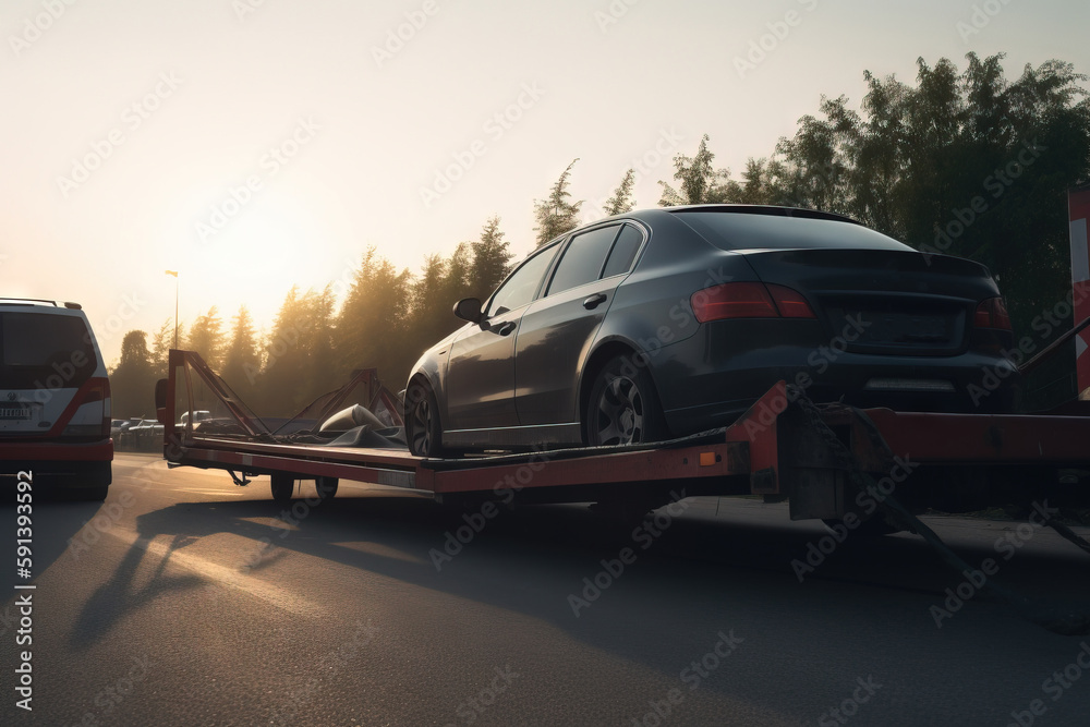  a car being towed on a flatbed tow truck on a road with a forest in the background and a sunset in the sky behind.  generative ai