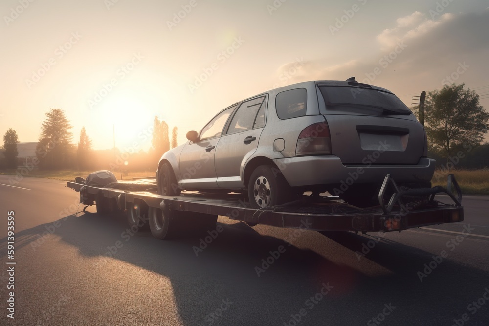  a car being towed down the road by a flatbed truck on a flatbed trailer with the sun setting in the distance behind it.  generative ai