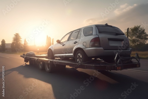  a car being towed down the road by a flatbed truck on a flatbed trailer with the sun setting in the distance behind it. generative ai