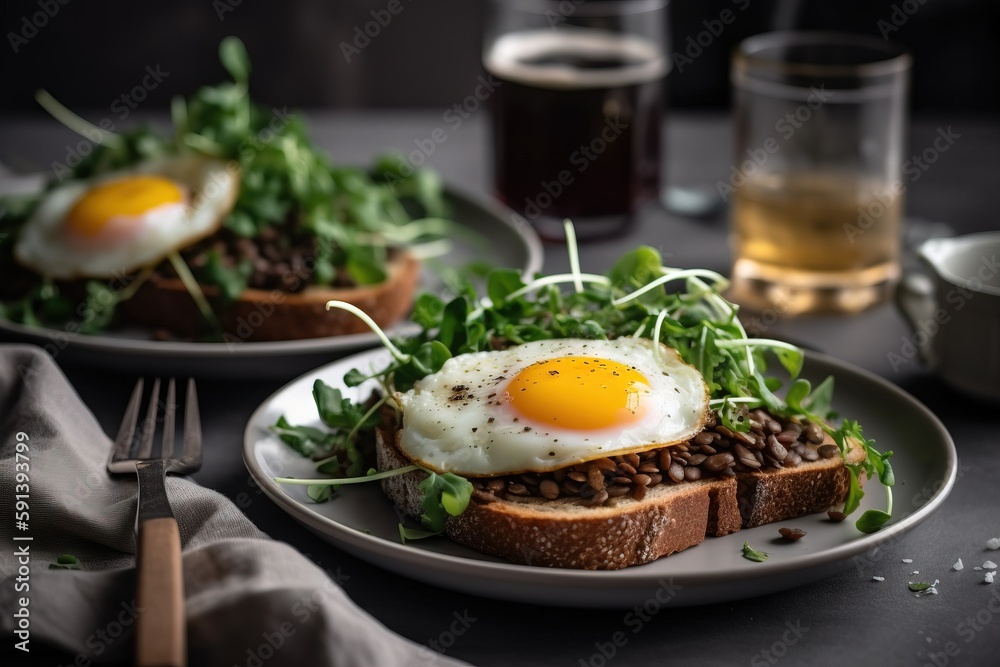  two plates of food on a table with a fork and a glass of beer in the background and a glass of beer in the foreground.  generative ai