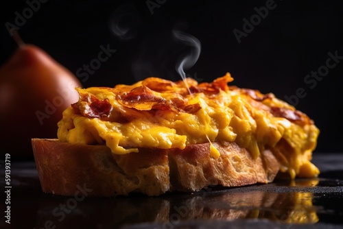  a close up of a piece of bread with eggs and bacon on it and a pomegranate on the side of the bread.  generative ai