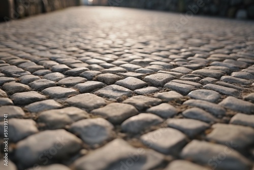  a cobblestone street with a light shining on the ground in the background and a person walking on the sidewalk in the distance,. generative ai