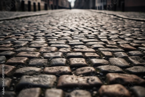  a cobblestone street with a person walking down it in the distance in the distance is a building and a street light in the distance. generative ai