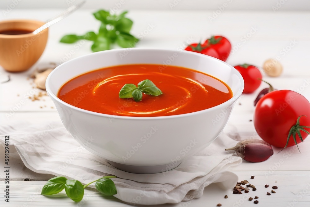 a white bowl of tomato soup on a white cloth with tomatoes and basil on the side of the bowl and a wooden spoon in the background. generative ai a white bowl of tomato soup on a white cloth with tomatoes and basil on the side of the bowl and a wooden spoon in the background. generative ai