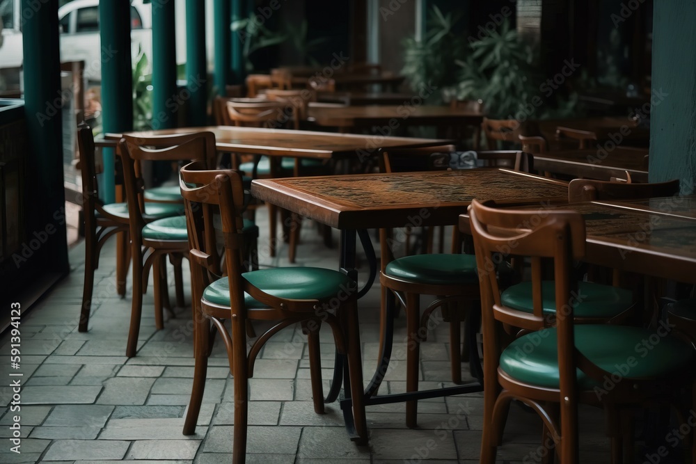  a row of wooden tables and chairs sitting on a tiled floor next to a green columned wall with a window in the center of the room.  generative ai