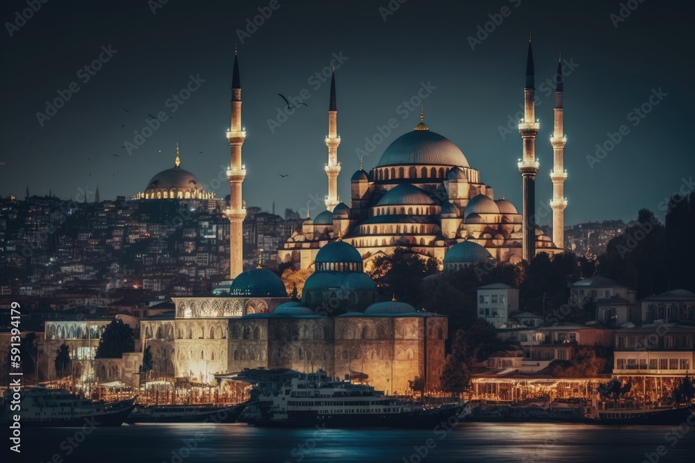 Obraz premium the illuminated interior of the Blue Mosque during prayer time. Generative AI