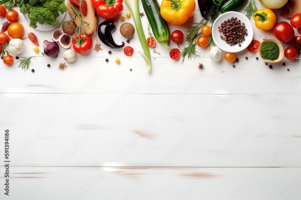  a white table topped with lots of different types of fruits and veggies on top of a white wooden table next to a white wall.  generative ai