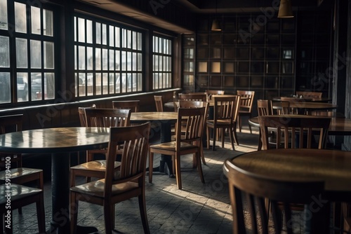  a restaurant with wooden tables and chairs and a large window with panes of glass on the wall and a person sitting at a table in the middle of the room. generative ai