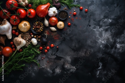  a bunch of different types of vegetables on a black surface with a dark background with a place for a text on the top of the picture. generative ai