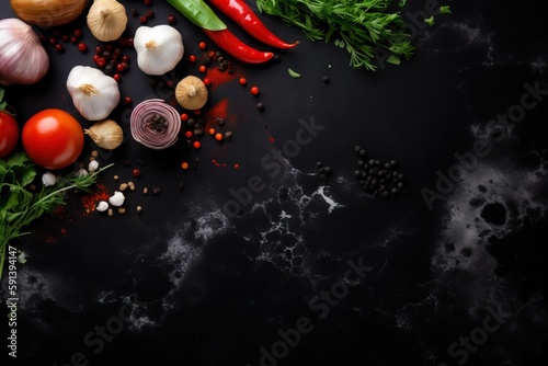  a table topped with lots of different types of vegetables and spices on top of a black table top next to garlic, peppers, tomatoes, onions, and peppers. generative ai