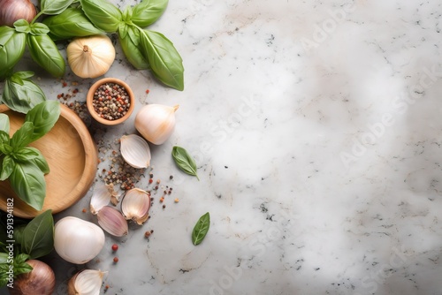  garlic, basil, and garlic oil on a marble counter top with basil leaves and garlic seeds in a wooden bowl on the side of the table. generative ai