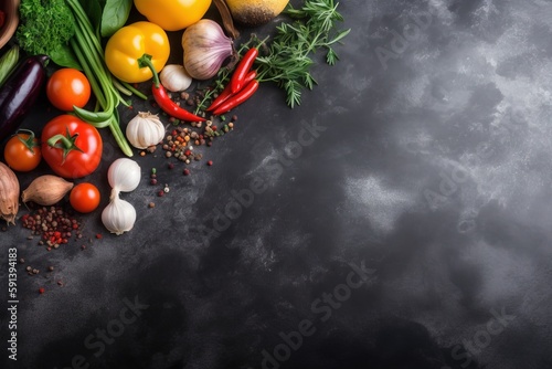  a variety of fresh vegetables on a dark background with space for a text or image, top view, with copy space for text, with copy space. generative ai