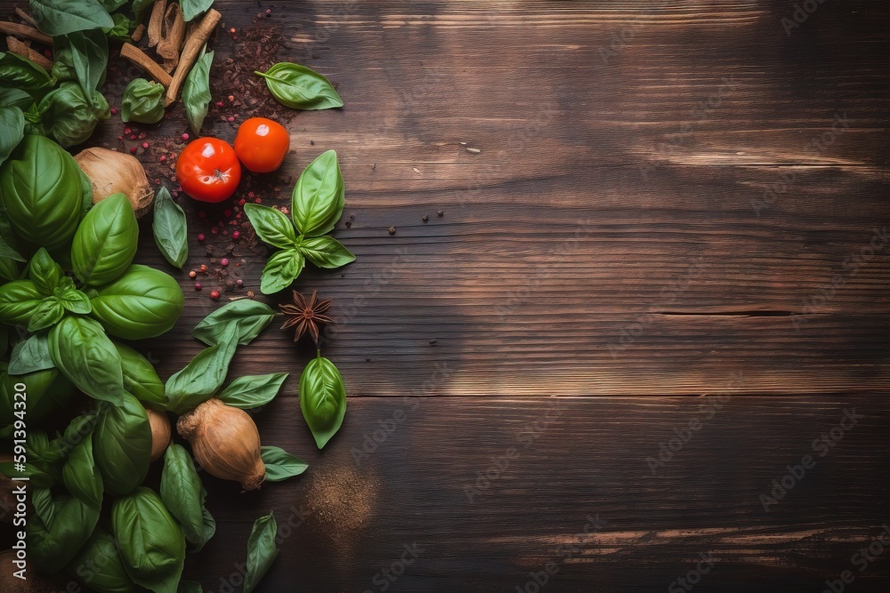 basil, tomatoes, garlic, garlic, and pepper on a wooden table with a space for a copy of a recipe on the side. generative ai basil, tomatoes, garlic, garlic, and pepper on a wooden table with a space for a copy of a recipe on the side. generative ai