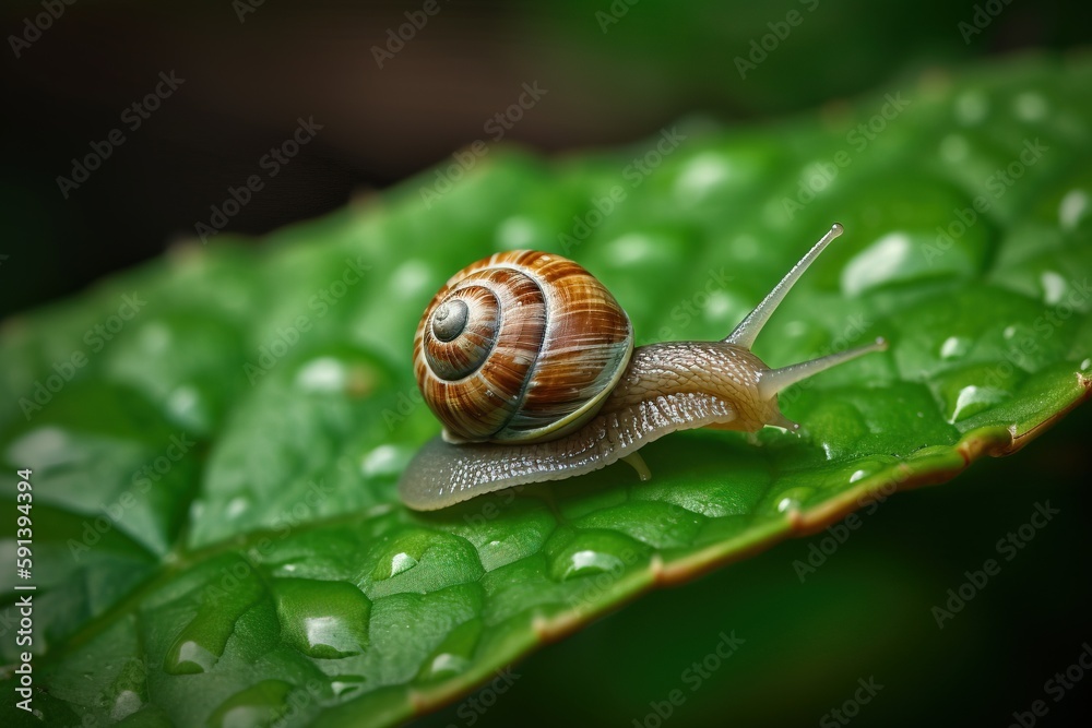 a snail sitting on a green leaf with drops of water on it's back end and its shell partially covered by drops of water. generative ai a snail sitting on a green leaf with drops of water on it's back end and its shell partially covered by drops of water. generative ai