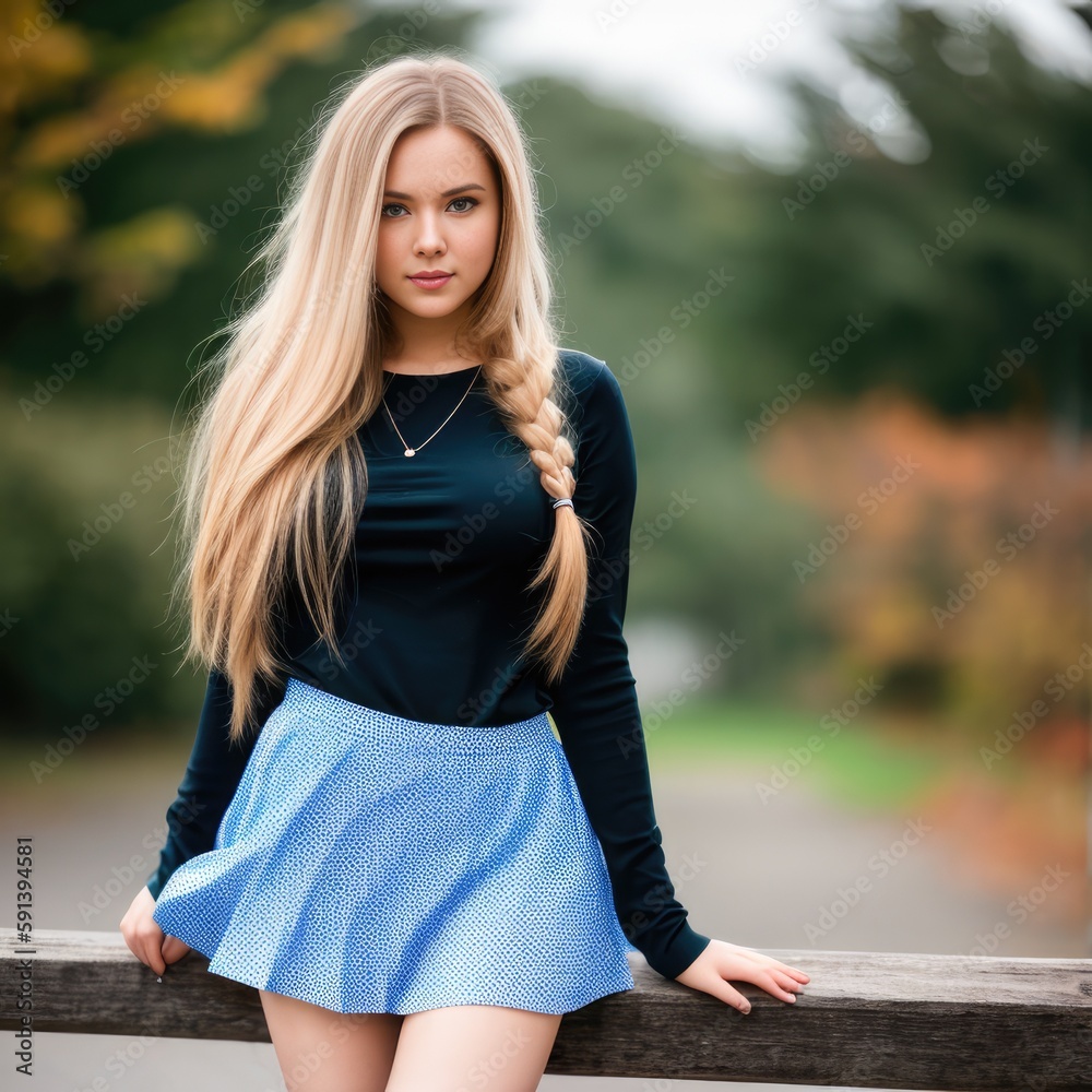 Beautiful Teen Model Girl Dressed In A Short Skirt Generative AI Stock 