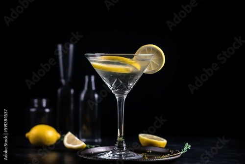  a glass filled with a drink with lemon slices on the rim and a bottle of wine in the back ground with a black background and a plate with lemons.  generative ai