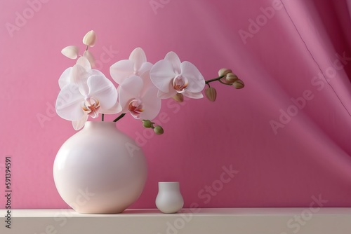  a white vase filled with white flowers on top of a table next to a pink wall and a white vase with white flowers on it.  generative ai © Shanti