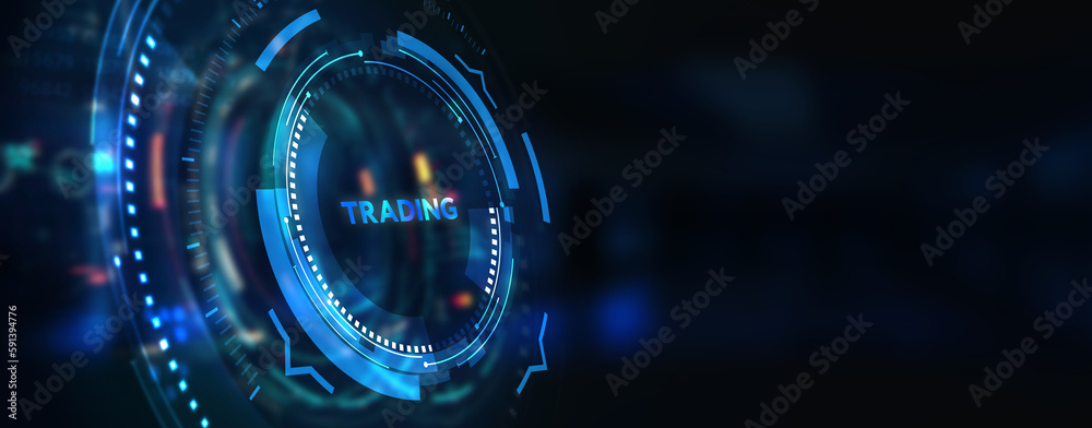 Trading word on digital screen, global communication concept. 3d illustration