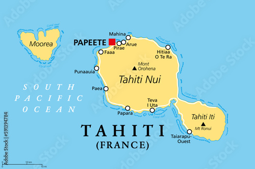Tahiti, French Polynesia, political map. Largest island of the Windward group of the Society Islands, with capital Papeete. Overseas collectivity of France, located in the South Pacific Ocean. Vector. photo
