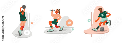 Set of cartoon characters of young athletic people training. Time for sports exercises and morning workout. Active and healthy lifestyle. Feeling happy when doing workout. Vector