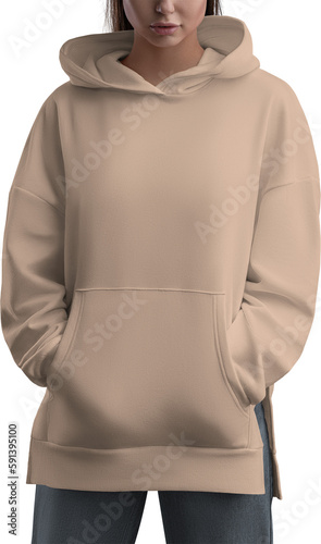 Mockup tan, nude hoodies on a girl, png, sweatshirt front view