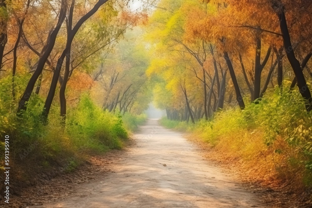  a dirt road surrounded by trees with yellow leaves on the trees in the fall colors of the trees are turning yellow and orange in the fall.  generative ai