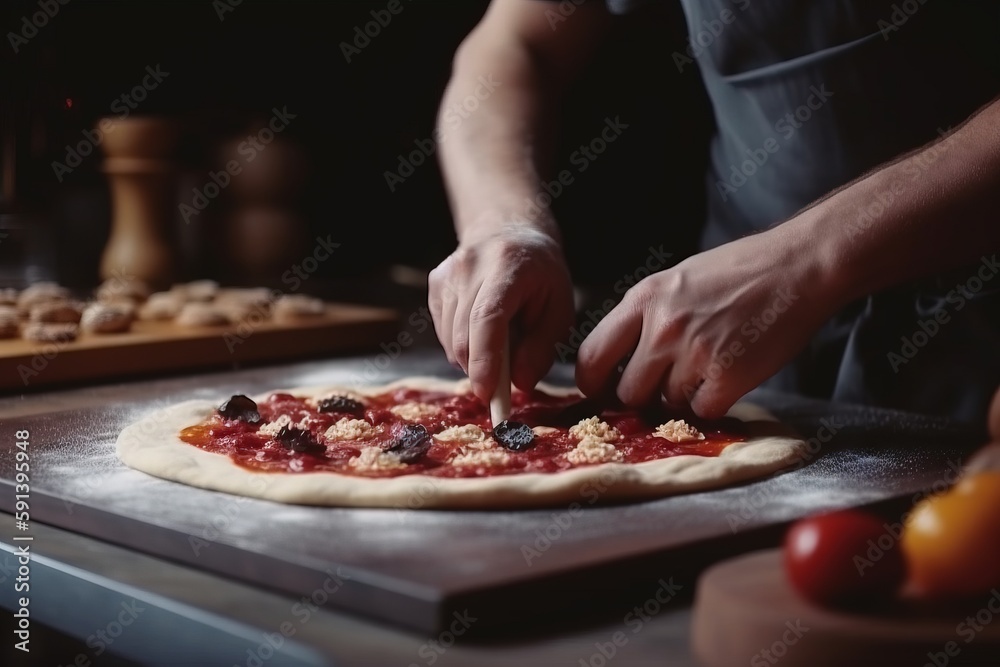  a person making a pizza on top of a pizza pan on a counter top with other food items on the counter behind it and a pizza cutter in the foreground.  generative ai