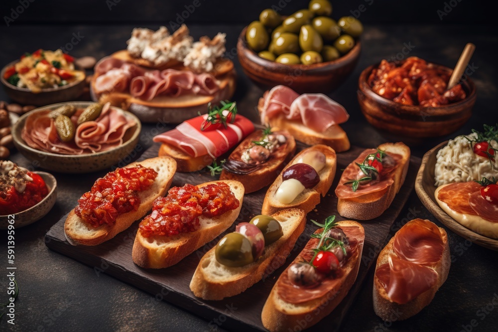  a variety of breads and meats are displayed on a wooden tray with olives and breads on the side of the table.  generative ai