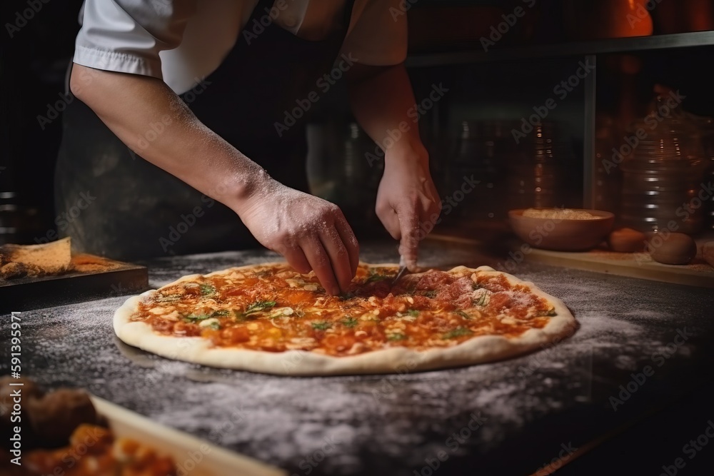  a person making a pizza on top of a pizza pan on a counter top with a pizza cutter in hand and a pizza on a pizza pan on the counter.  generative ai