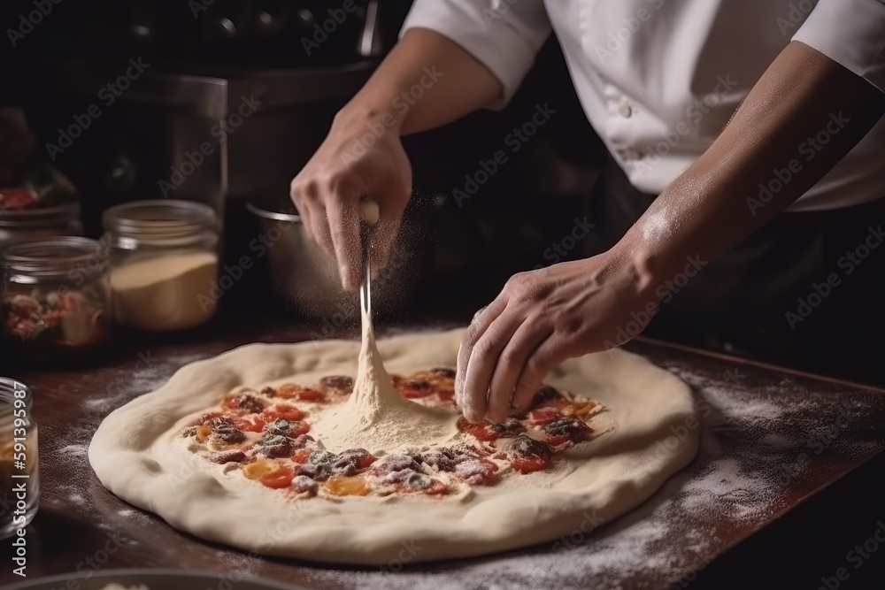  a person in a white shirt is making a pizza on a wooden table with a pizza cutter and a pizza dough on a wooden board.  generative ai