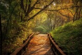  a wooden path in a forest with trees and grass on both sides of the path is a wooden bridge that leads to the top of a grassy hill.  generative ai