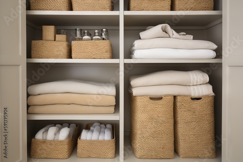  a closet with linens, towels, and other items in baskets on the shelves and on the shelves are folded towels and folded towels. generative ai