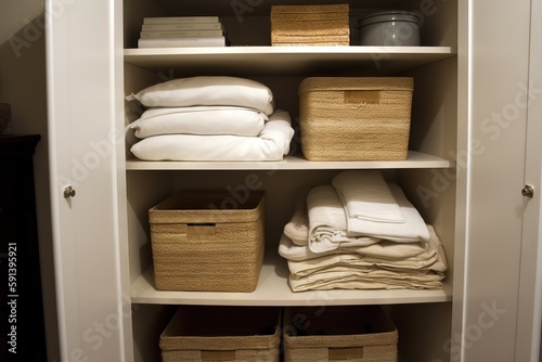  a white closet with baskets and towels on shelves and folded towels on top of the shelves and folded towels on top of the shelves and folded towels on the bottom shelf.  generative ai