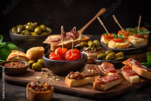  a wooden cutting board topped with different types of food on top of a wooden table next to bowls of olives, tomatoes, and bread.  generative ai