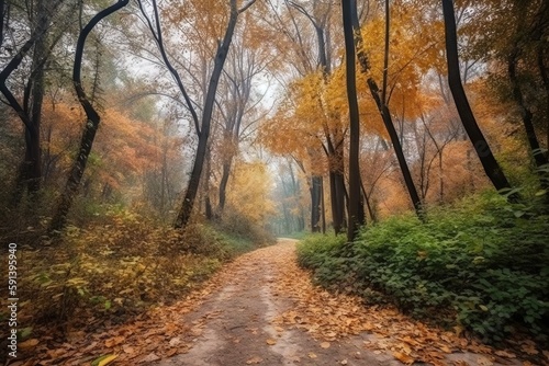  a dirt road surrounded by trees with yellow leaves on the leaves on the ground and on the ground is a leaf covered path with yellow leaves on the ground. generative ai
