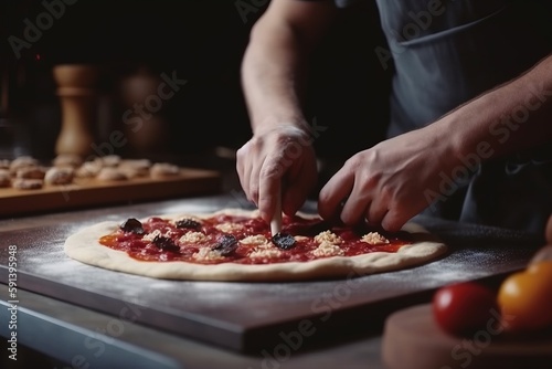  a person making a pizza on top of a pizza pan on a counter top with other food items on the counter behind it and a pizza cutter in the foreground. generative ai