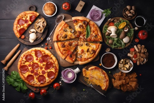 a table topped with pizzas and other foods on top of a wooden table next to utensils and a plate of food on a wooden table. generative ai