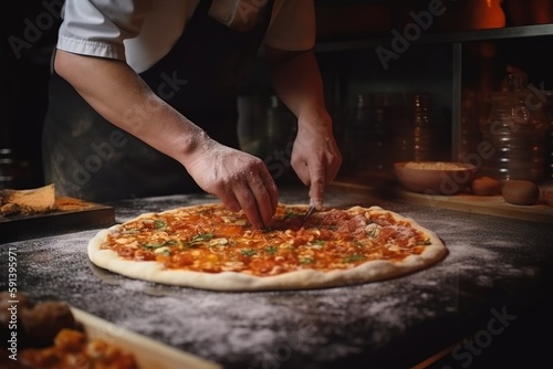  a person making a pizza on top of a pizza pan on a counter top with a pizza cutter in hand and a pizza on a pizza pan on the counter. generative ai