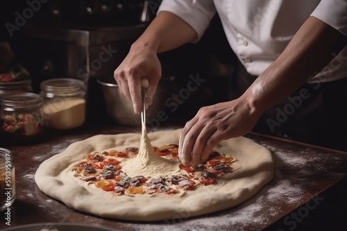  a person in a white shirt is making a pizza on a wooden table with a pizza cutter and a pizza dough on a wooden board. generative ai