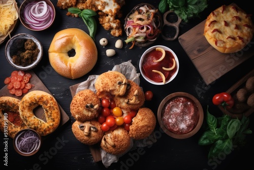  a table topped with different types of food on top of a wooden cutting board next to bowls of sauces and a bagel on a cutting board.  generative ai