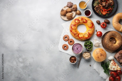  a table topped with donuts and other foods on top of a white table cloth next to a bowl of sauce and a plate of food. generative ai