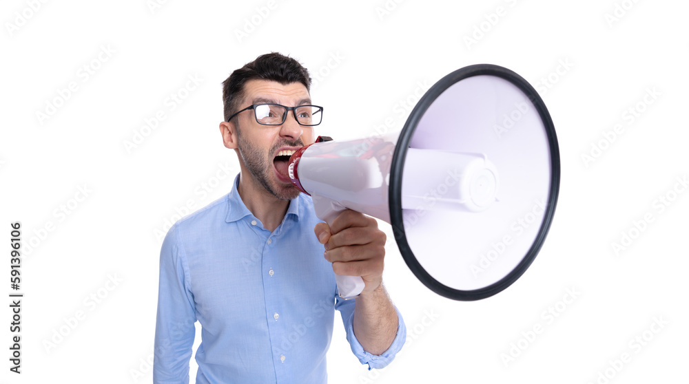 man announcing with anger in megaphone at studio. shouting man announcing with megaphone man announcing with anger in megaphone at studio. shouting man announcing with megaphone