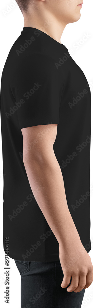Fototapeta premium Canvas bella black t-shirt mockup on guy, png, side view