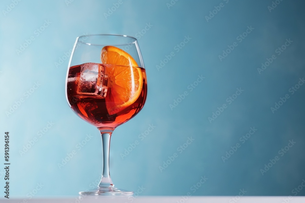a glass of wine with a slice of orange on the rim of it and a blue background with a blue sky in the back ground. generative ai a glass of wine with a slice of orange on the rim of it and a blue background with a blue sky in the back ground. generative ai