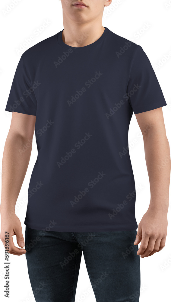 Canvas bella blue t-shirt mockup on guy, png, front view Canvas bella blue t-shirt mockup on guy, png, front view