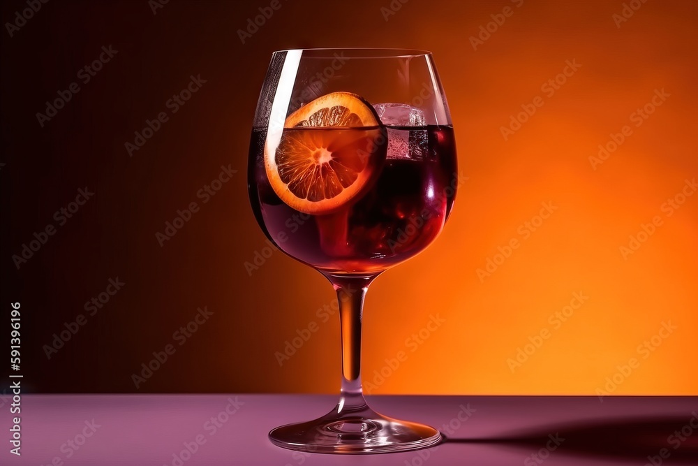  a glass of wine with a slice of orange on the rim of it and a glass of wine on the rim of the wine glass.  generative ai