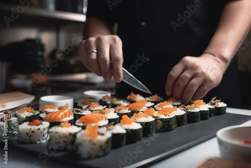  a person is cutting up sushi on a black plate with a knife and a bowl of sauce on the side of the plate on the table. generative ai