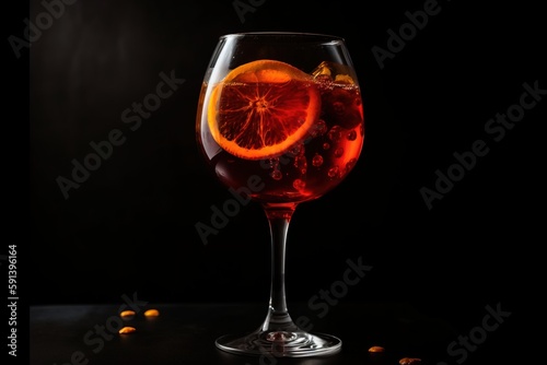  a glass of wine with a slice of orange on the rim of it and some oranges around the rim of the glass on a black surface. generative ai