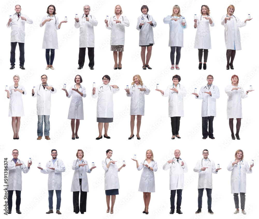 group of doctors holding jar isolated on white group of doctors holding jar isolated on white